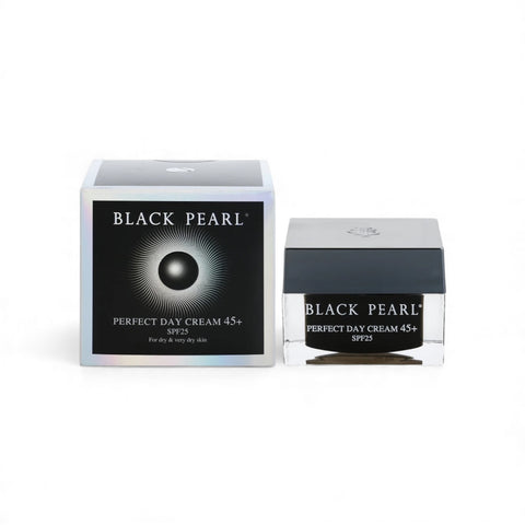 Black Pearl Perfect Day Cream 45+ in a 50ml jar with SPF25, displayed with its box featuring a black and silver design.