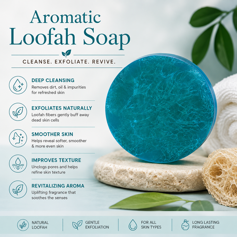 Juman Aromatic Exfoliating Loofah Soap. Shop in Australia at Jericho Skincare