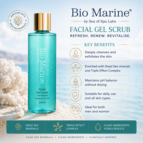 Bio Marine Facial Gel Scrub — a refreshing Dead Sea mineral foaming facial cleanser and exfoliant. Buy in Australia at Jericho Skincare