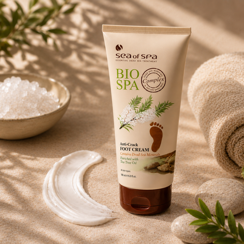 Dead Sea foot cream with Tea Tree Oil helping soften rough skin and restore moisture to cracked heels