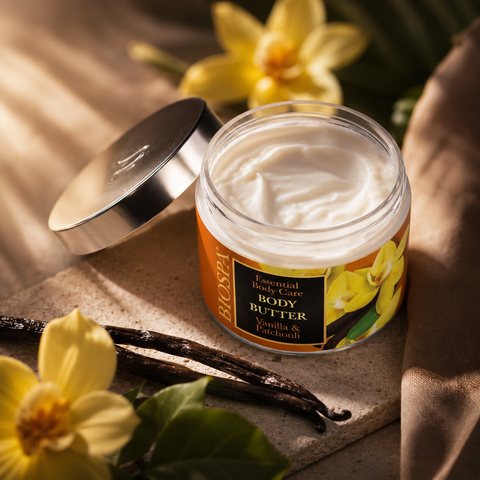 Dead Sea mineral body butter with warm vanilla and earthy patchouli fragrance. Buy in Australia & NZ