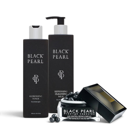 Black Pearl Anti-Ageing Skin Care Bundle with Cleansing Milk Toner and Prestige Serum Capsules