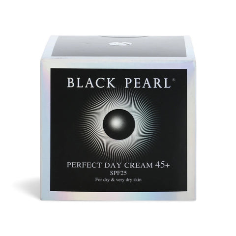Black Pearl Perfect Day Cream 45+ in a reflective silver box, labeled with SPF25 for dry skin.