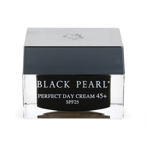 Black Pearl Perfect Day Cream 45+ in a glass jar with a silver lid, labeled with SPF25, 50ml size.