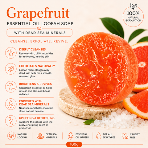 Grapefruit Natural Exfoliating Loofah Soap with Dead Sea Minerals. Shop in Australia and New Zealand at Jericho Skincare