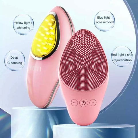 Facial cleansing brush with Red, Blue and Yellow LED light photon rejuvenation