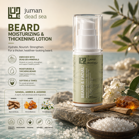 Juman Beard and Mustache Thickening Lotion with Dead Sea minerals and hyaluronic acid for fuller beard appearance. Buy in Australia at Jericho Skincare
