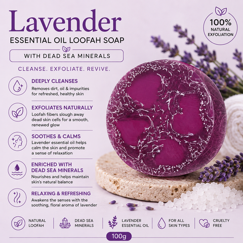 Juman Lavender Essential Oil Loofah Soap with Dead Sea Minerals. Shop in Australia and New Zealand at Jericho Skincare