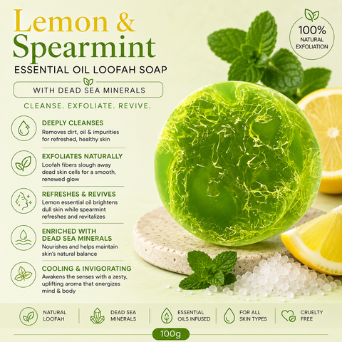 Lemon & Spearmint Essential Oil Loofah Soap with Dead Sea Minerals. Shop in Australia and New Zealand at Jericho Skincare