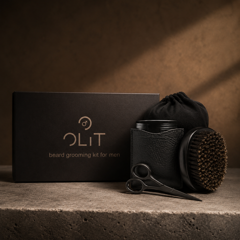 OLIT beard care and grooming kit featuring scissors, a brush, and a storage pouch on a textured surface. Buy in Australia & NZ