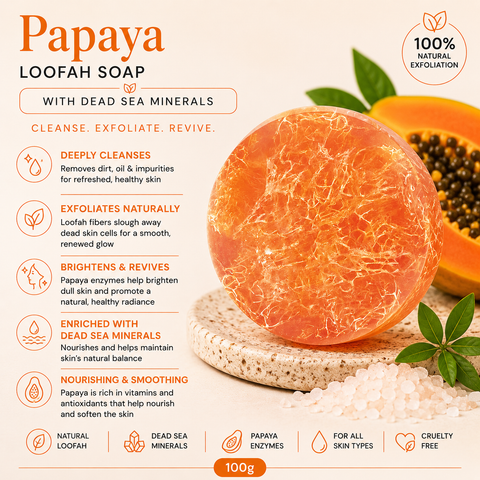 Papaya Loofah Soap with Dead Sea Minerals 100g. Natural Body Exfoliator. Buy In Australia and New Zealand at Jericho Skincare