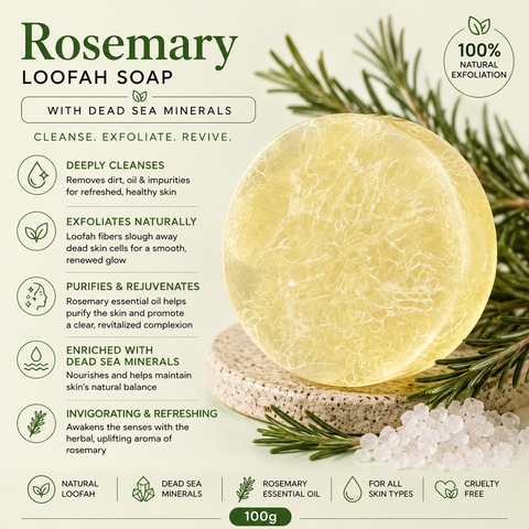 Rosemary Loofah Soap with Dead Sea Minerals 100g. Natural Body Exfoliation. Buy In Australia and New Zealand at Jericho Skincare